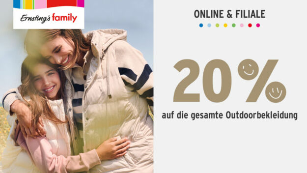 20 % Rabatt auf Outdoor-Kleidung bei Ernstings family 20 % Rabatt auf Outdoor-Kleidung bei Ernstings family